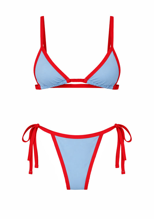 Бикини с небесносин и пикантен червен кант