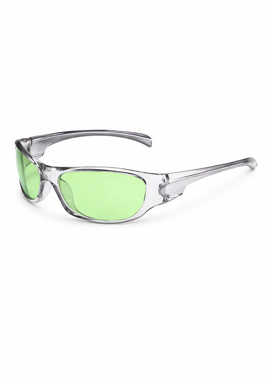 Wraparound rave sunglasses with neon green lenses and clear smoke frame