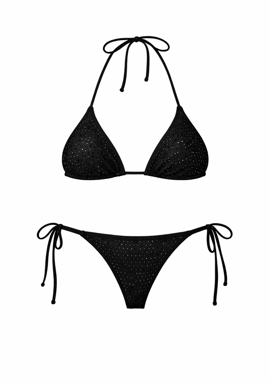 Черен комплект бикини с блясък и връзки