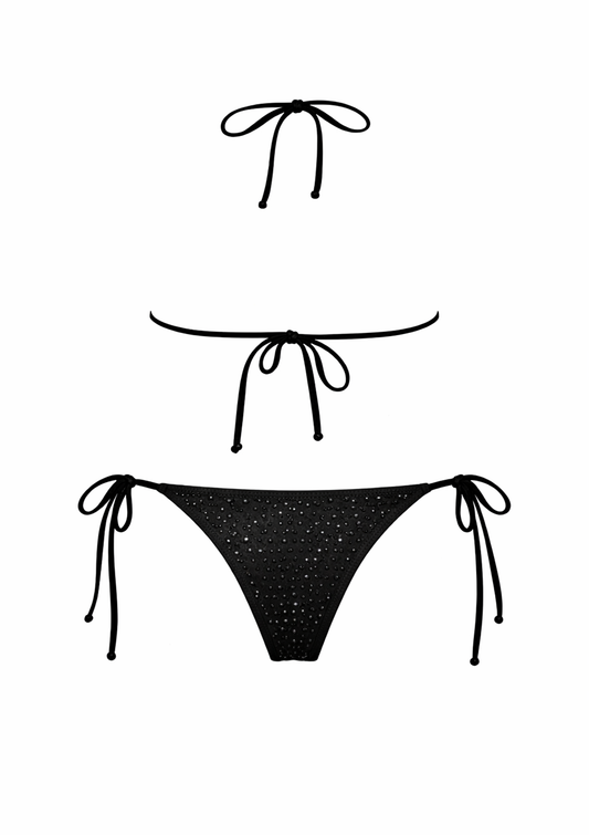 Черен комплект бикини с блясък и връзки