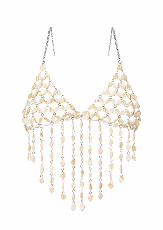 Beaded bra with chain fringe on a white background