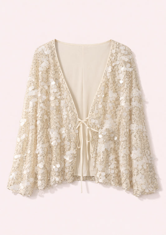 Beige sequin cardigan on a white background