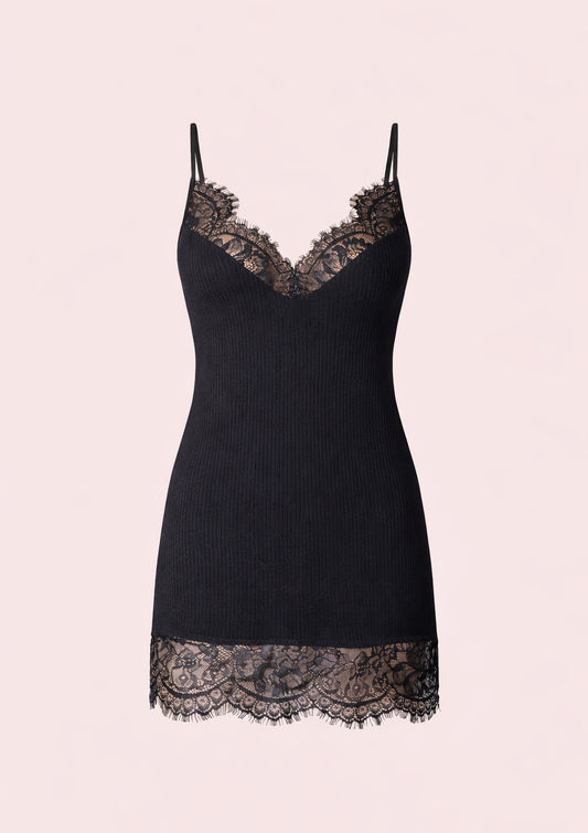 Black Ribbed Mini Dress with Lace Trim – Fitted Strappy Night Out Dress