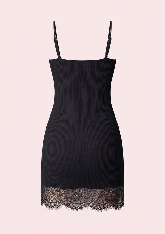 Black Ribbed Mini Dress with Lace Trim – Fitted Strappy Night Out Dress