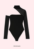 Заредете изображението в програмата за преглед на галерия, Black one-shoulder bodysuit on a light pink background with 'festival guru' branding.
