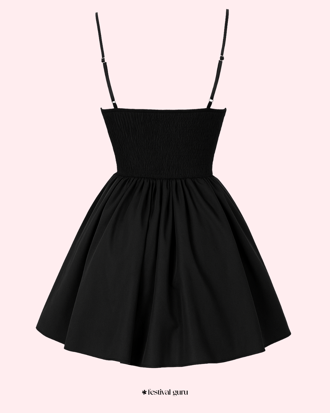 Black dress with button details on a white background