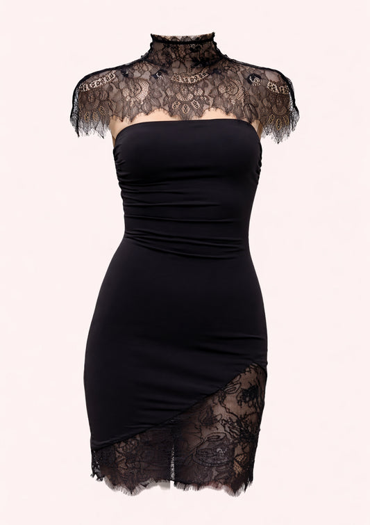 Black dress with lace details on a white background
