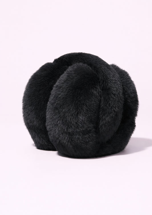 Black faux fur ear muffs on a white background