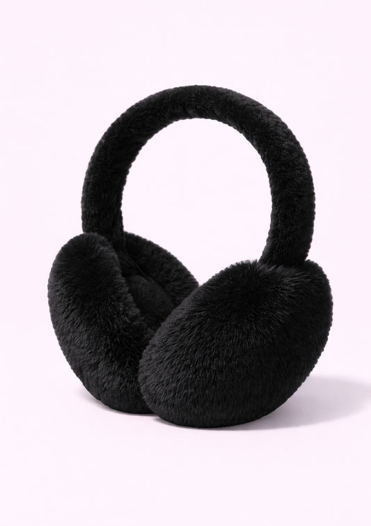 Black fur ear muffs on a white background