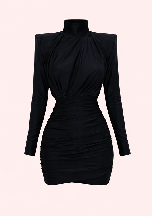 Black long-sleeve dress on a light pink background