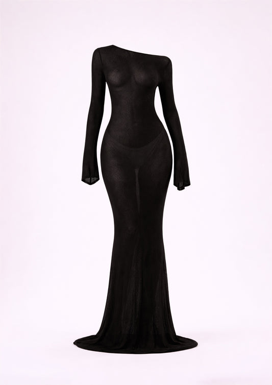 Black one-shoulder evening gown on a white background