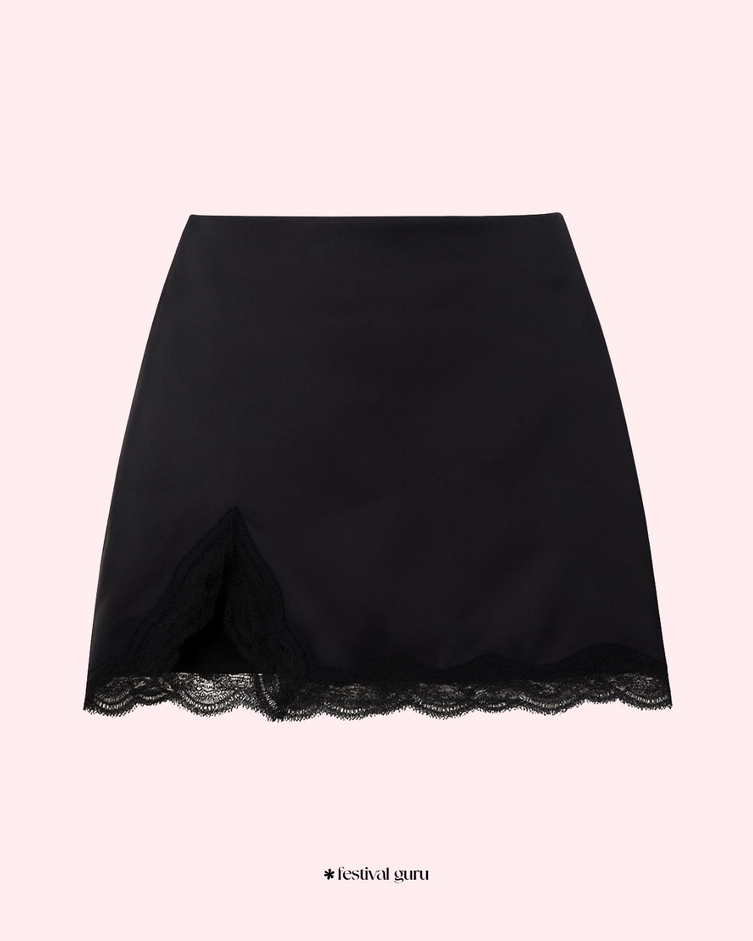 Black lace-trimmed skirt on a light pink background