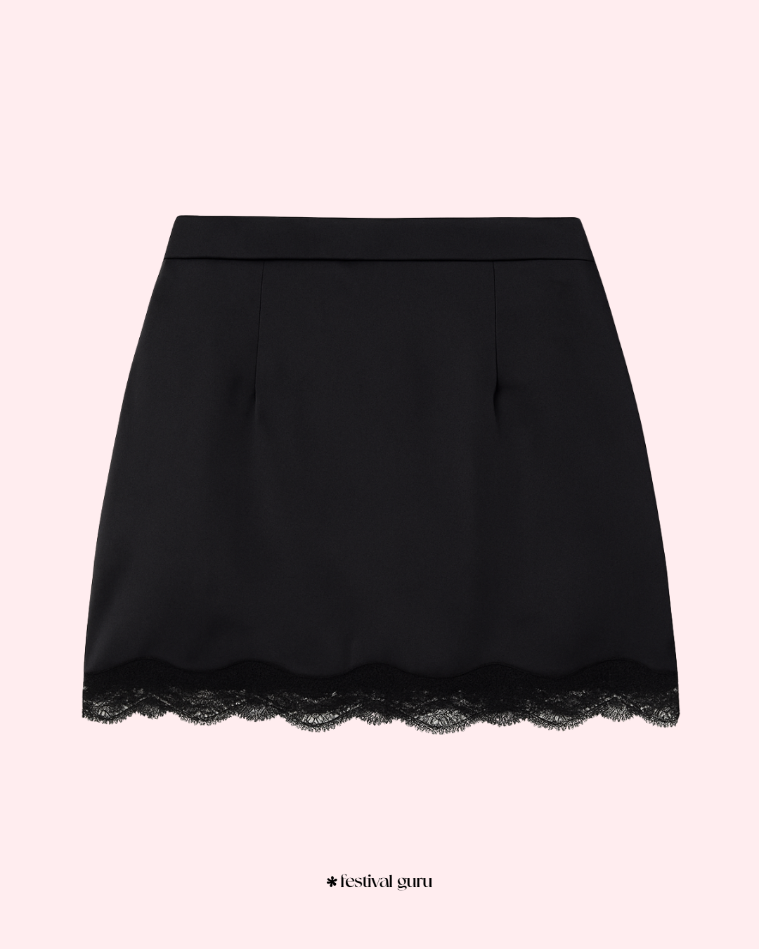Black skirt with lace hem on a light pink background