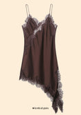 Заредете изображението в програмата за преглед на галерия, Brown slip dress with lace details on a beige background, featuring the brand 'festival guru'.