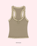 Заредете изображението в програмата за преглед на галерия, Brown tank top with lace trim on a light pink background