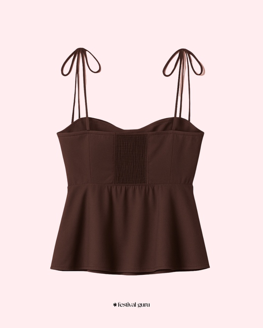 Brown strap top with smocked bodice on a white background