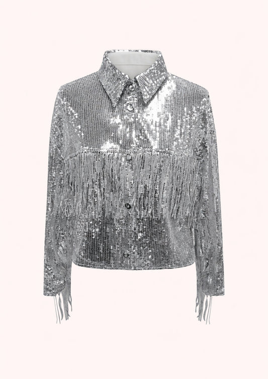 Silver sequin jacket on a white background