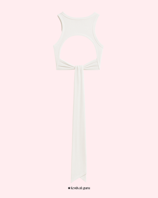 White tank top with a bow detail on a white background