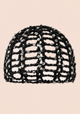 Заредете изображението в програмата за преглед на галерия, A black sequined mesh dome hat with an open lattice pattern, shown against a solid pale peach background.