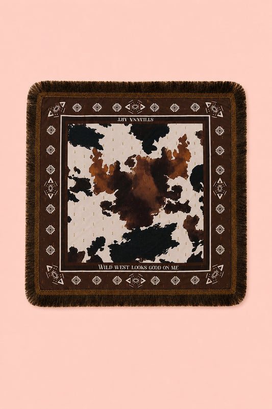 A square fringed scarf with a brown and black cow print center and a dark brown border with geometric patterns, displayed flat against a solid pink background.