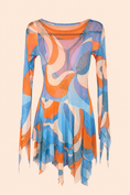 Load image into Gallery viewer, A long-sleeve sheer mesh tunic dress with an abstract wavy print in blue, orange, purple, and beige, displayed against a solid pale peach background.