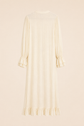 Load image into Gallery viewer, A cream-colored long-sleeve midi dress with ruffled cuffs and a ruffled hem, shown from the back against a solid beige background.