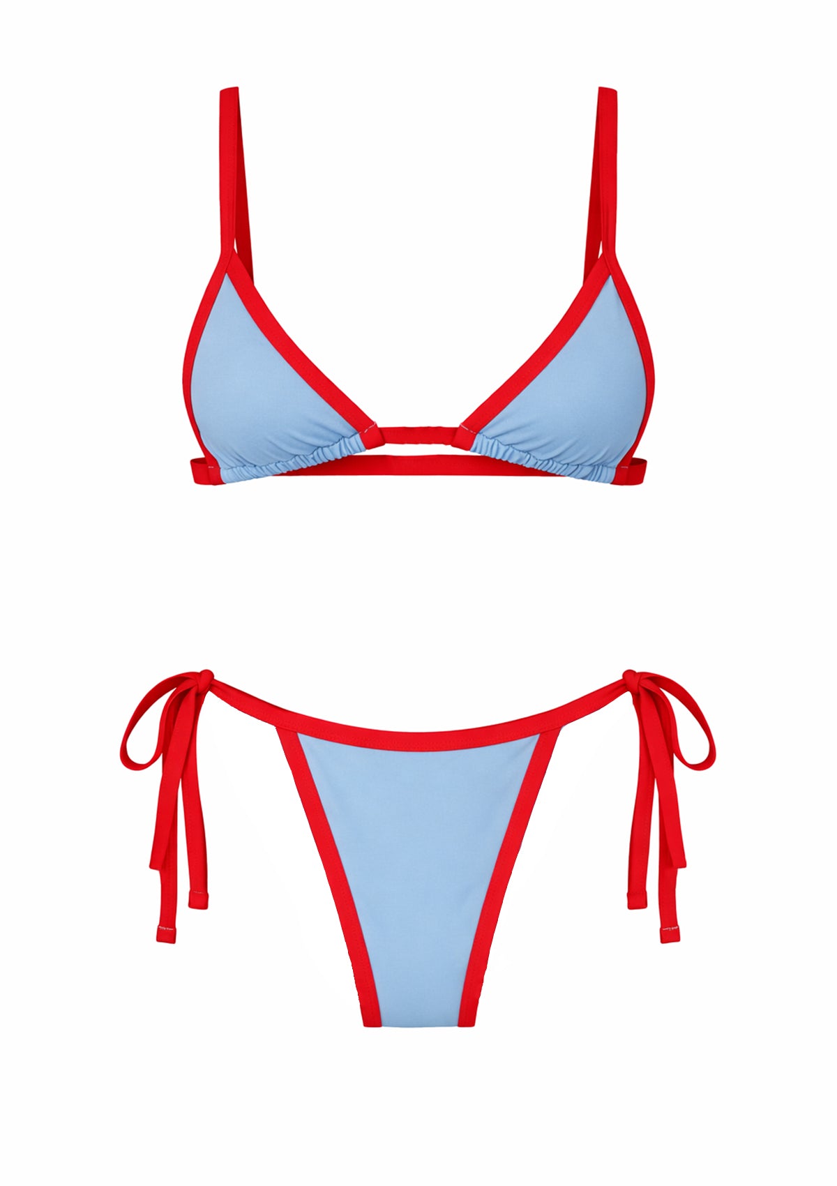 Бикини с небесносин и пикантен червен кант
