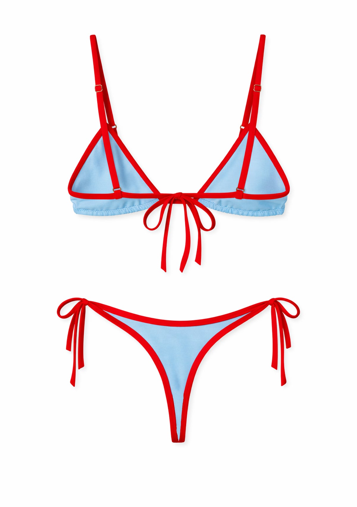 Бикини с небесносин и пикантен червен кант