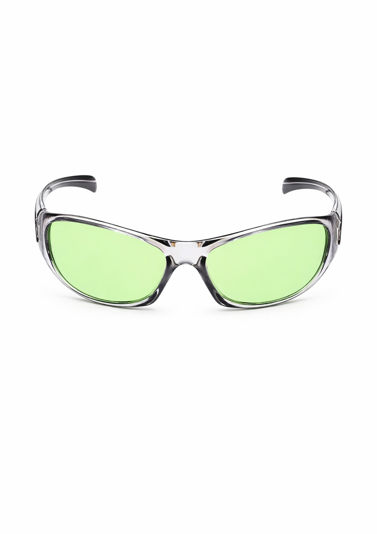 Front view of neon green lens wraparound sunglasses
