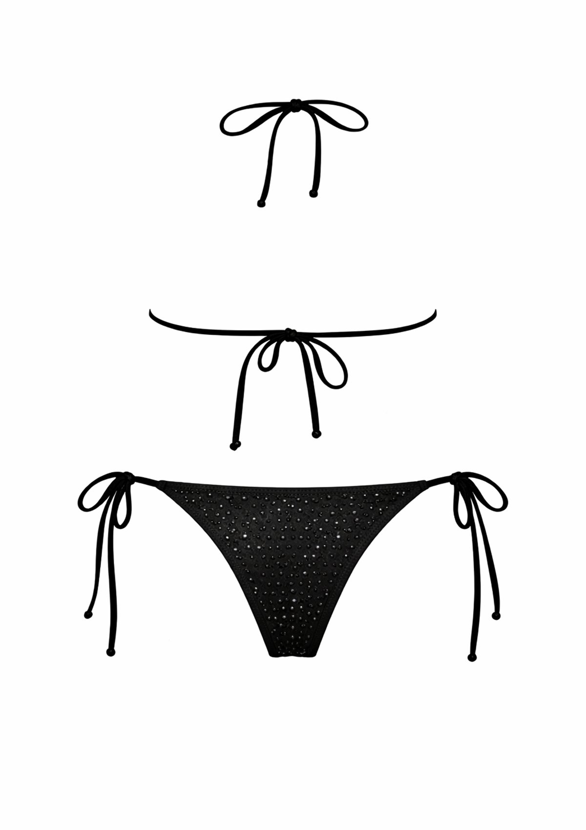 Черен комплект бикини с блясък и връзки