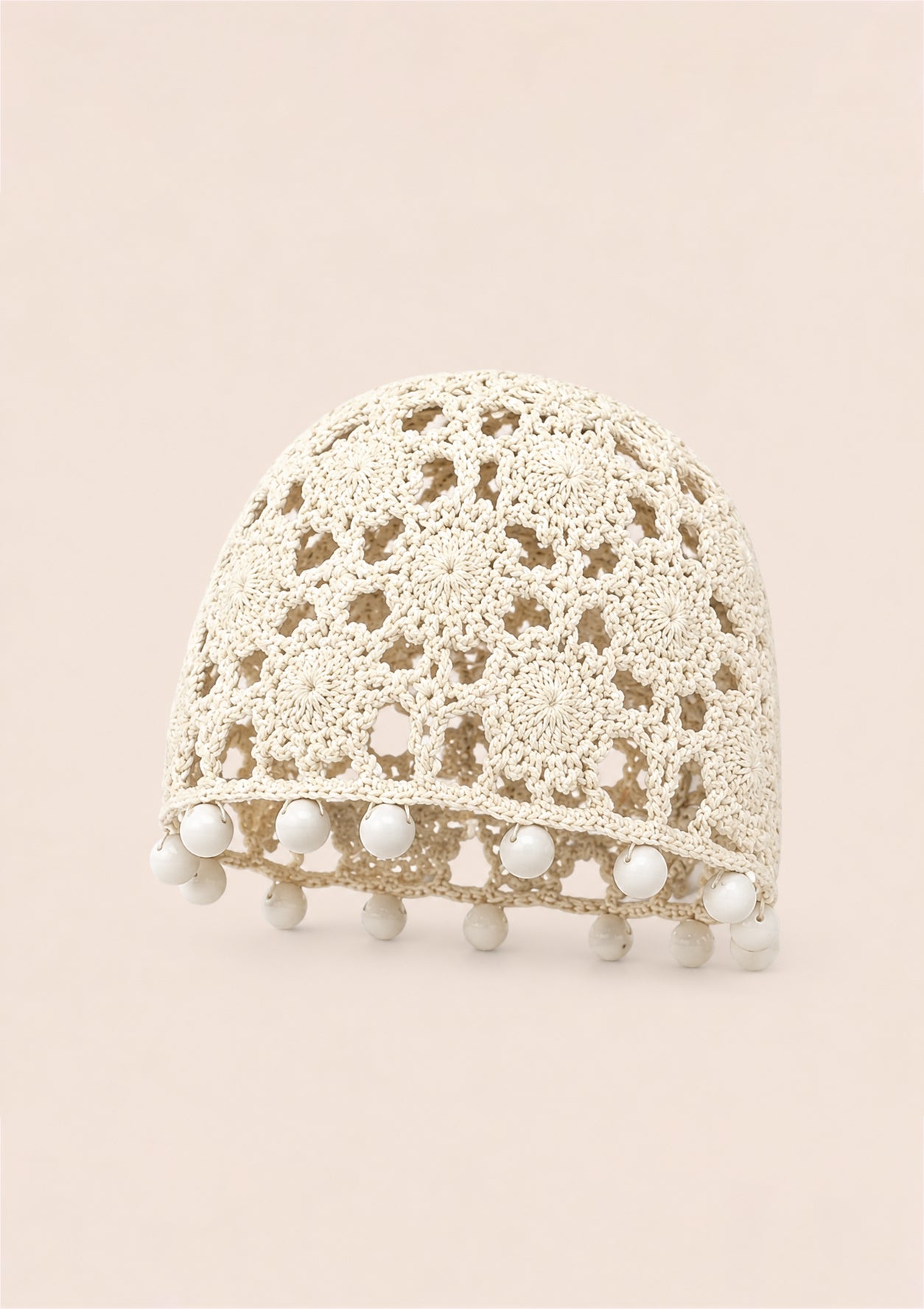 White Crochet Beaded Boho Cap