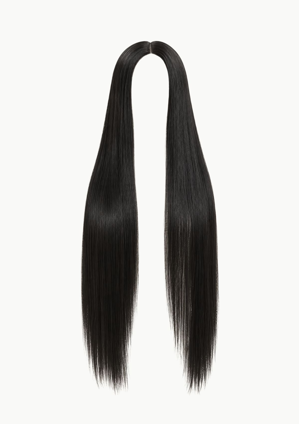 A long, straight black hair extension or wig tail with two hanging sections, shown against a plain white background.