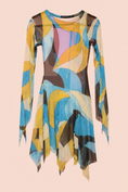Заредете изображението в програмата за преглед на галерия, A long-sleeve, asymmetrical mini dress featuring an abstract geometric print in blue, yellow, beige, brown, and lavender, displayed against a solid pale peach background.
