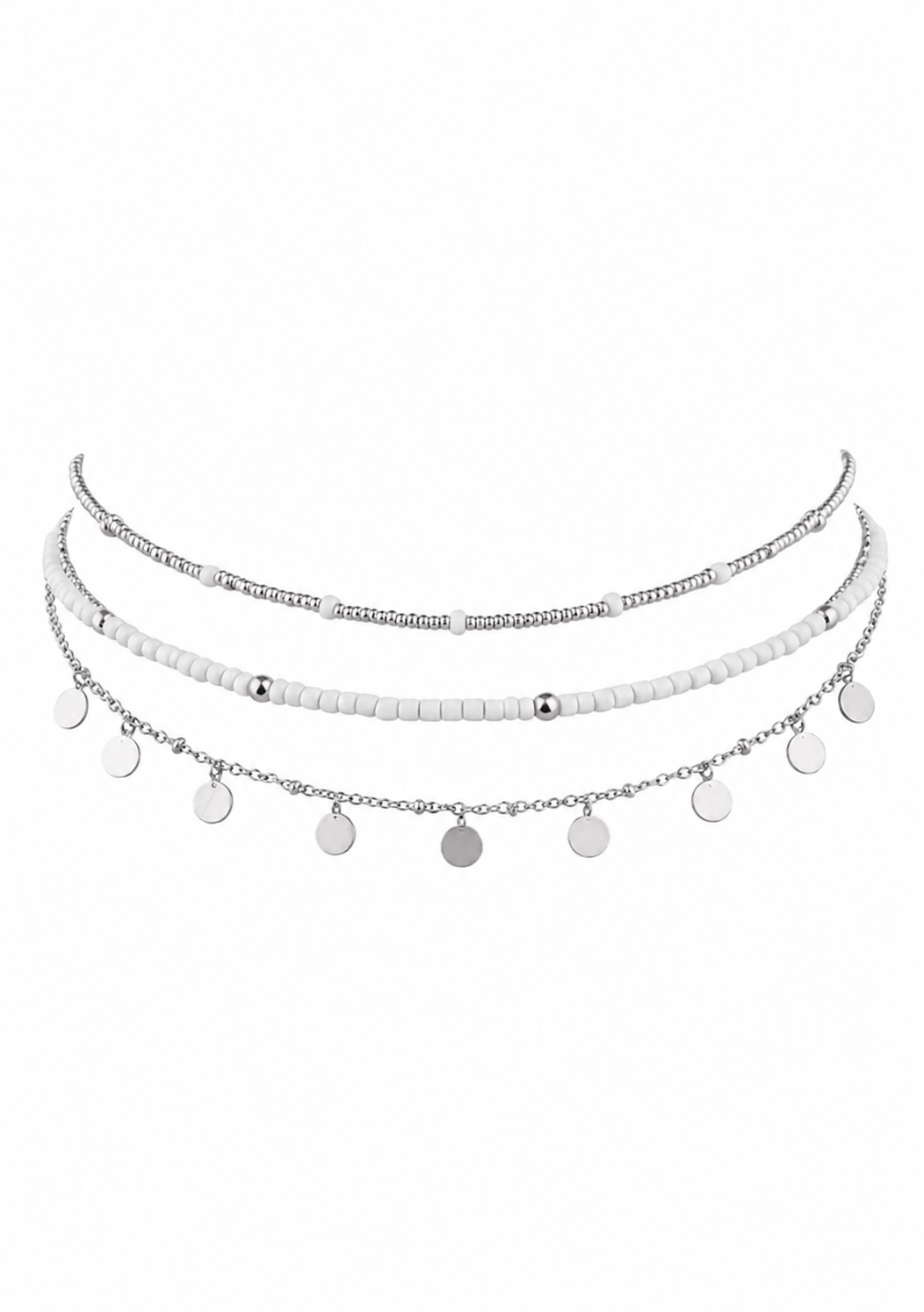 A three-layer silver beaded and chain necklace with small round disc charms, displayed against a solid white background.