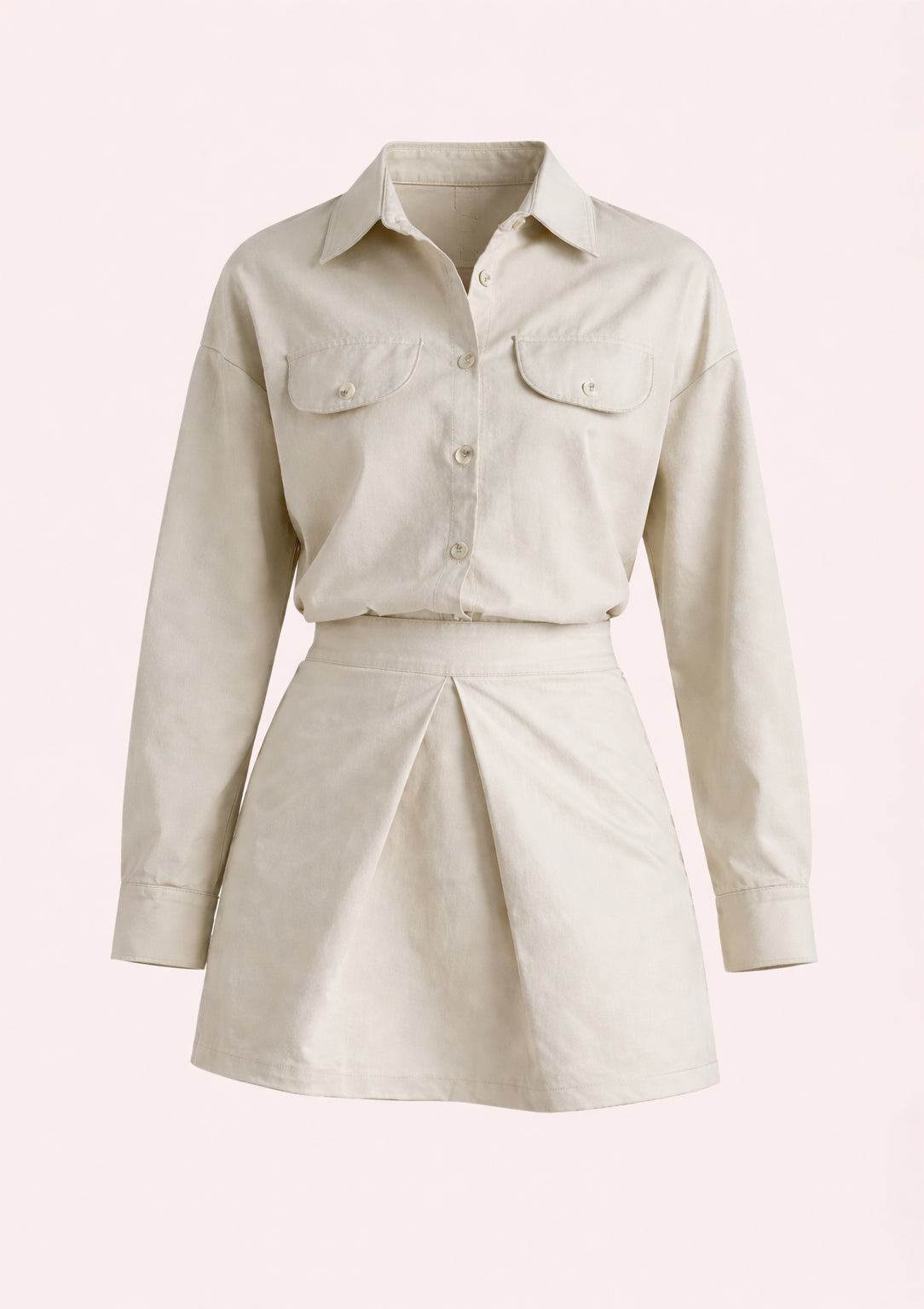 Beige shirt and skirt set on a light pink background