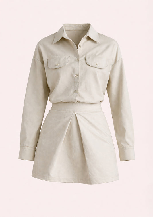 Beige shirt and skirt set on a light pink background