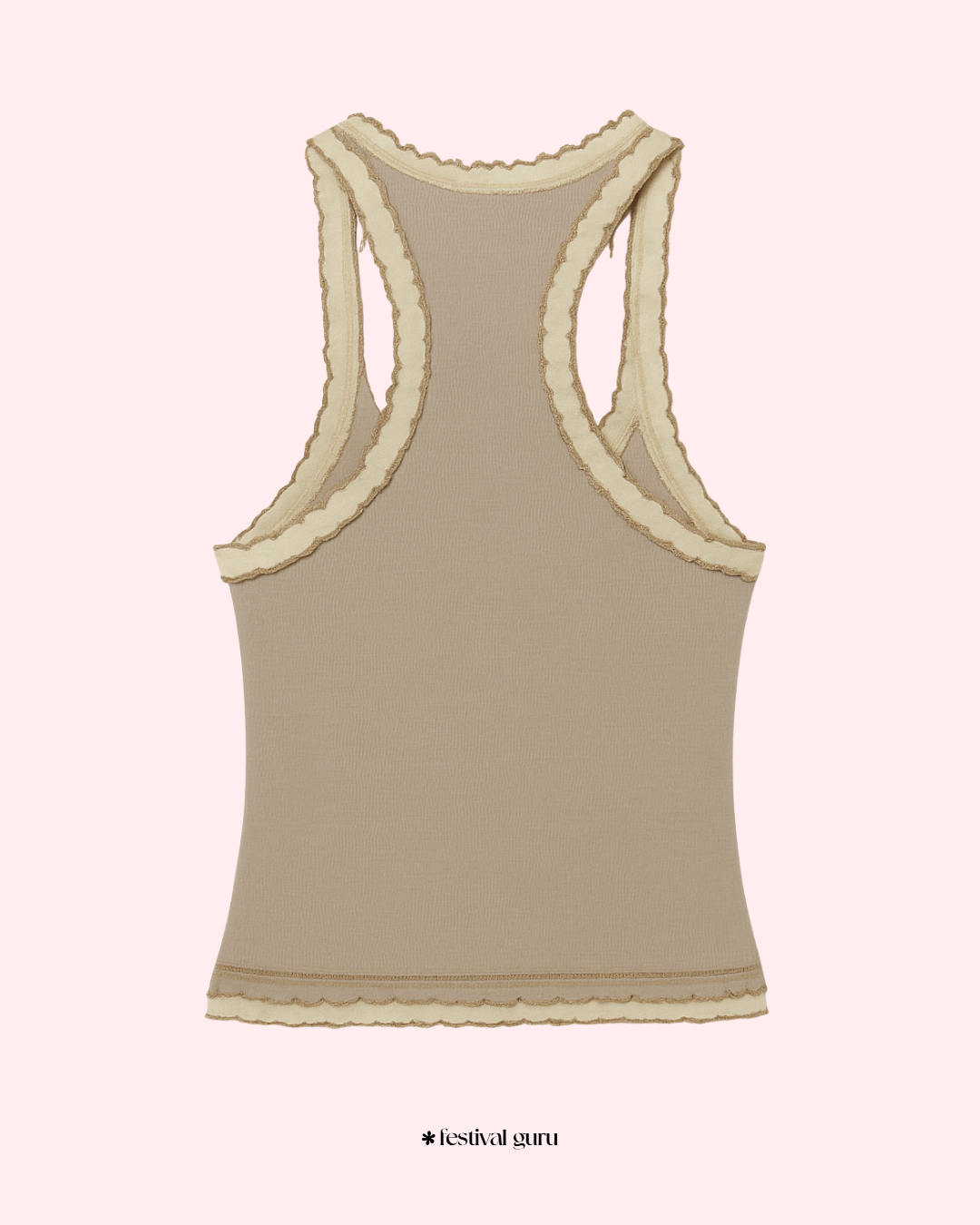Beige tank top with lace trim on a light pink background