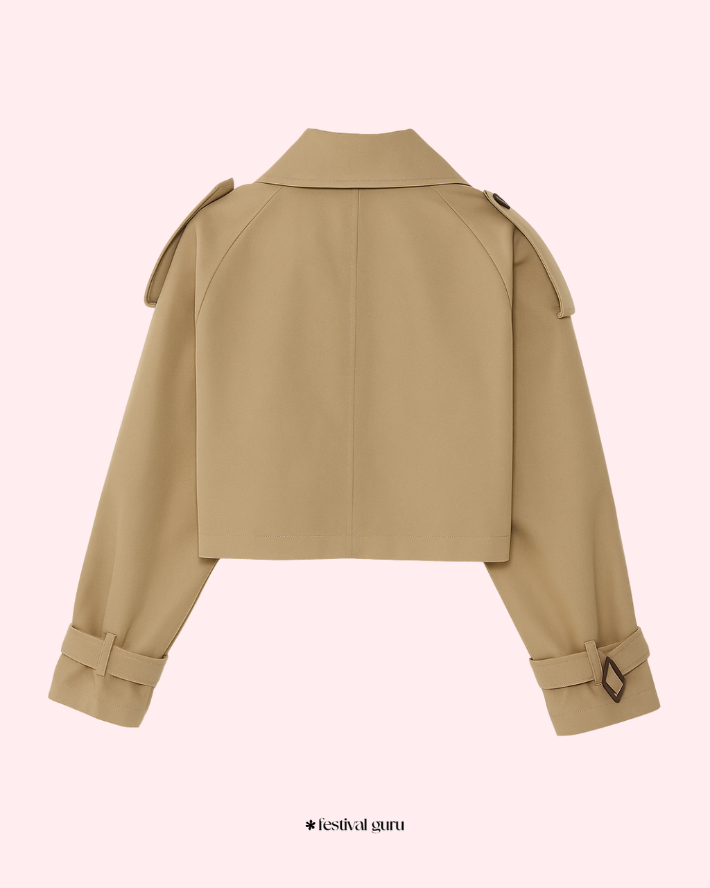 Beige trench coat on a light pink background with 'festival guru' branding.