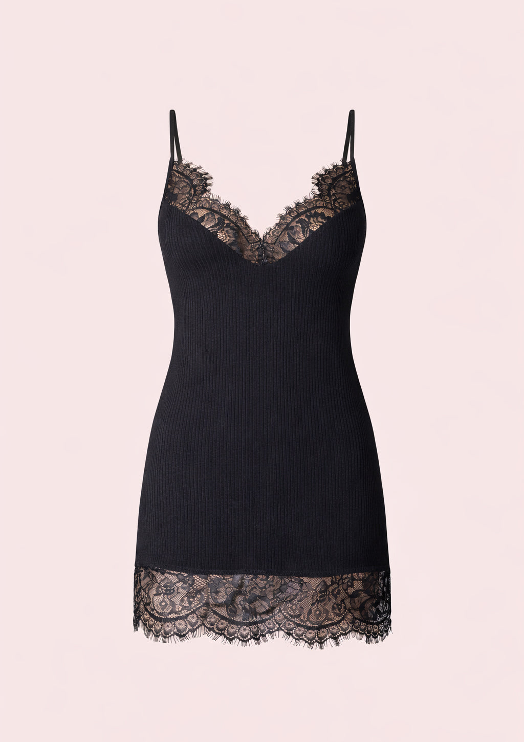 Black Ribbed Mini Dress with Lace Trim – Fitted Strappy Night Out Dress