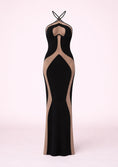 Load image into Gallery viewer, Black and beige evening gown on a white background
