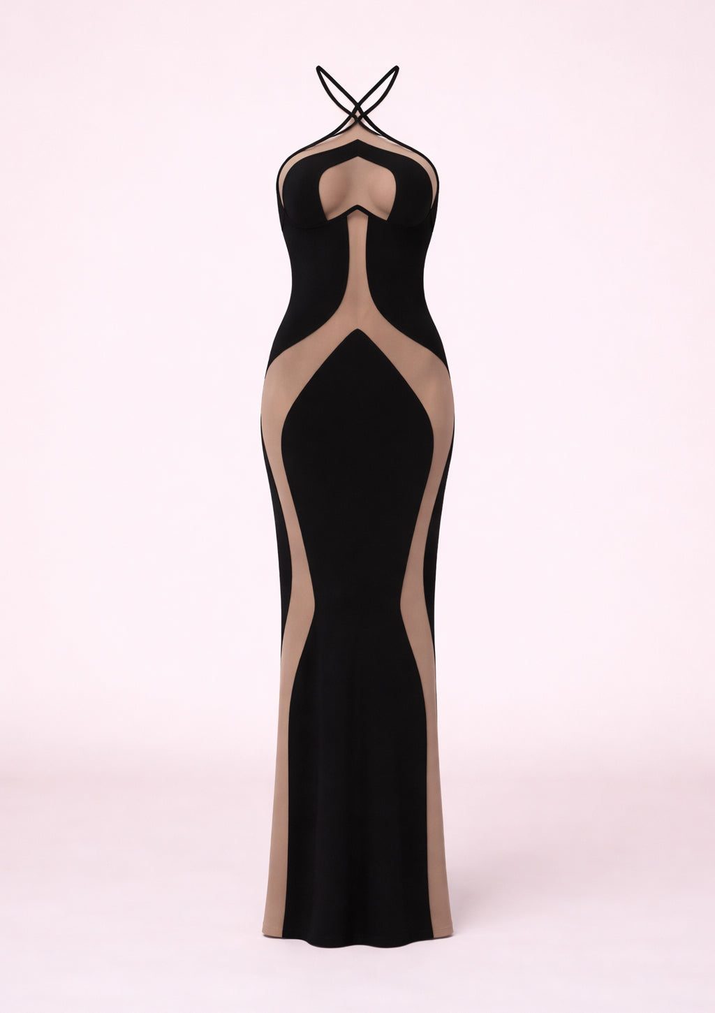 Black and beige evening gown on a white background