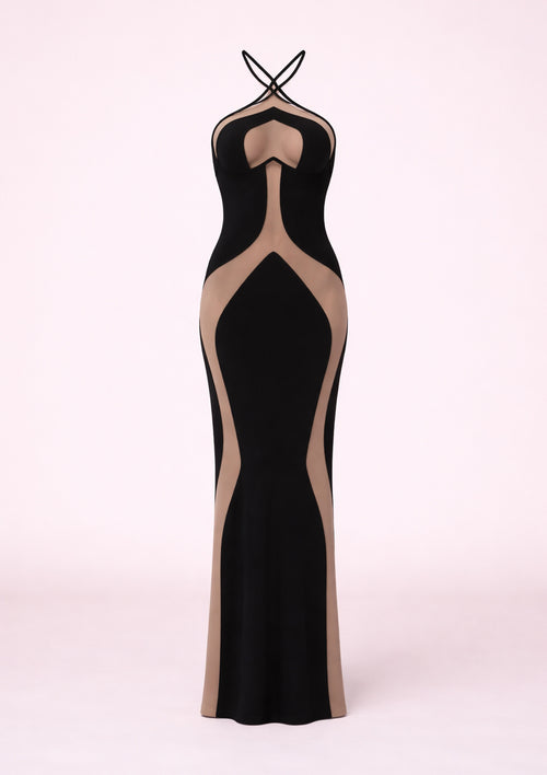 Black and beige evening gown on a white background