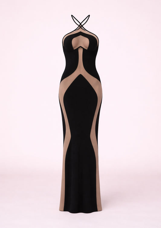 Black and beige evening gown on a white background