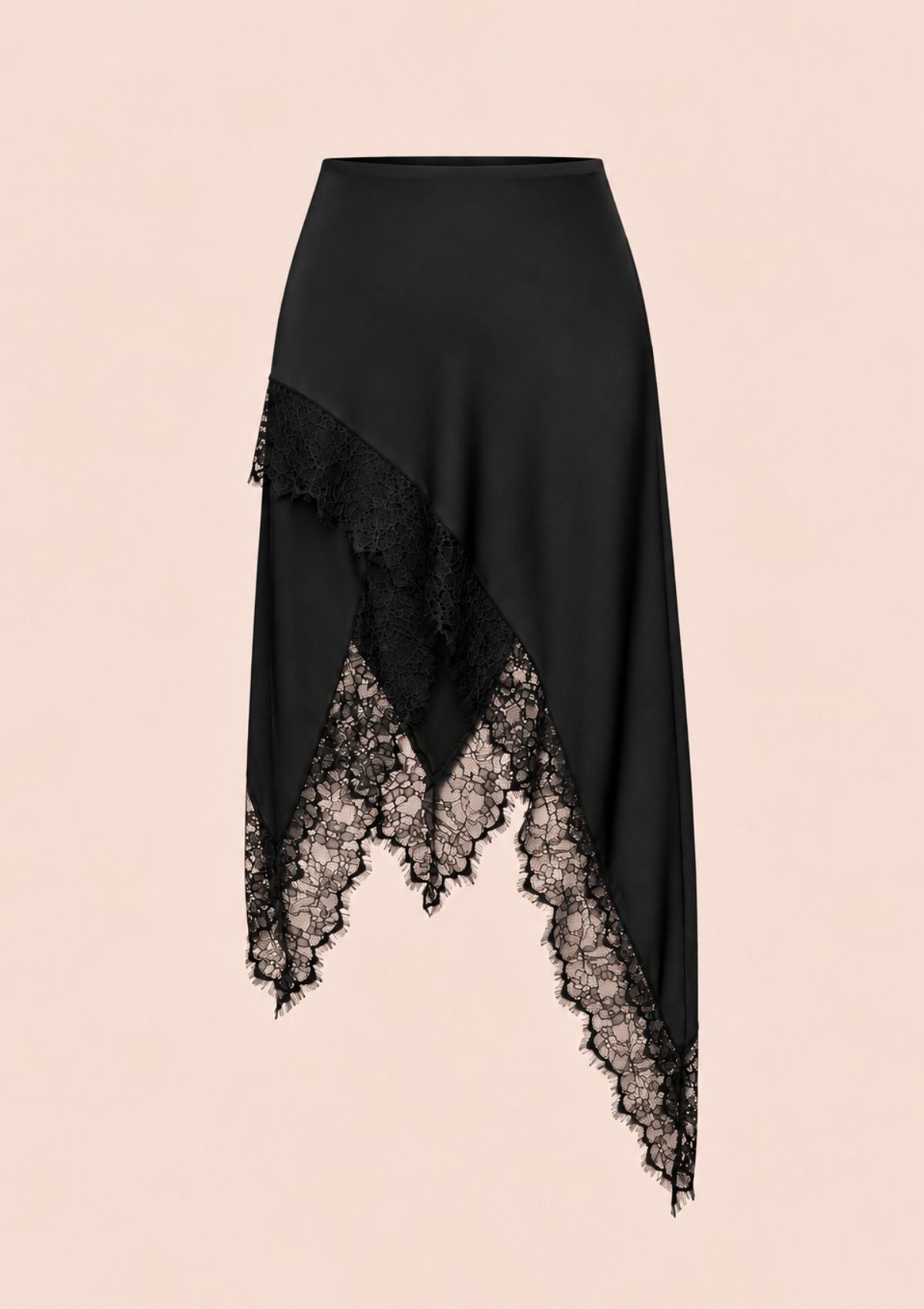 Black asymmetric women's skirt with contrast lace trim along the hem