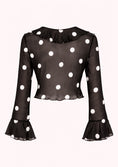 Заредете изображението в програмата за преглед на галерия, Black blouse with white polka dots and ruffled sleeves on a white background
