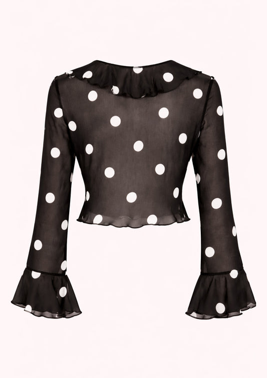 Black blouse with white polka dots and ruffled sleeves on a white background