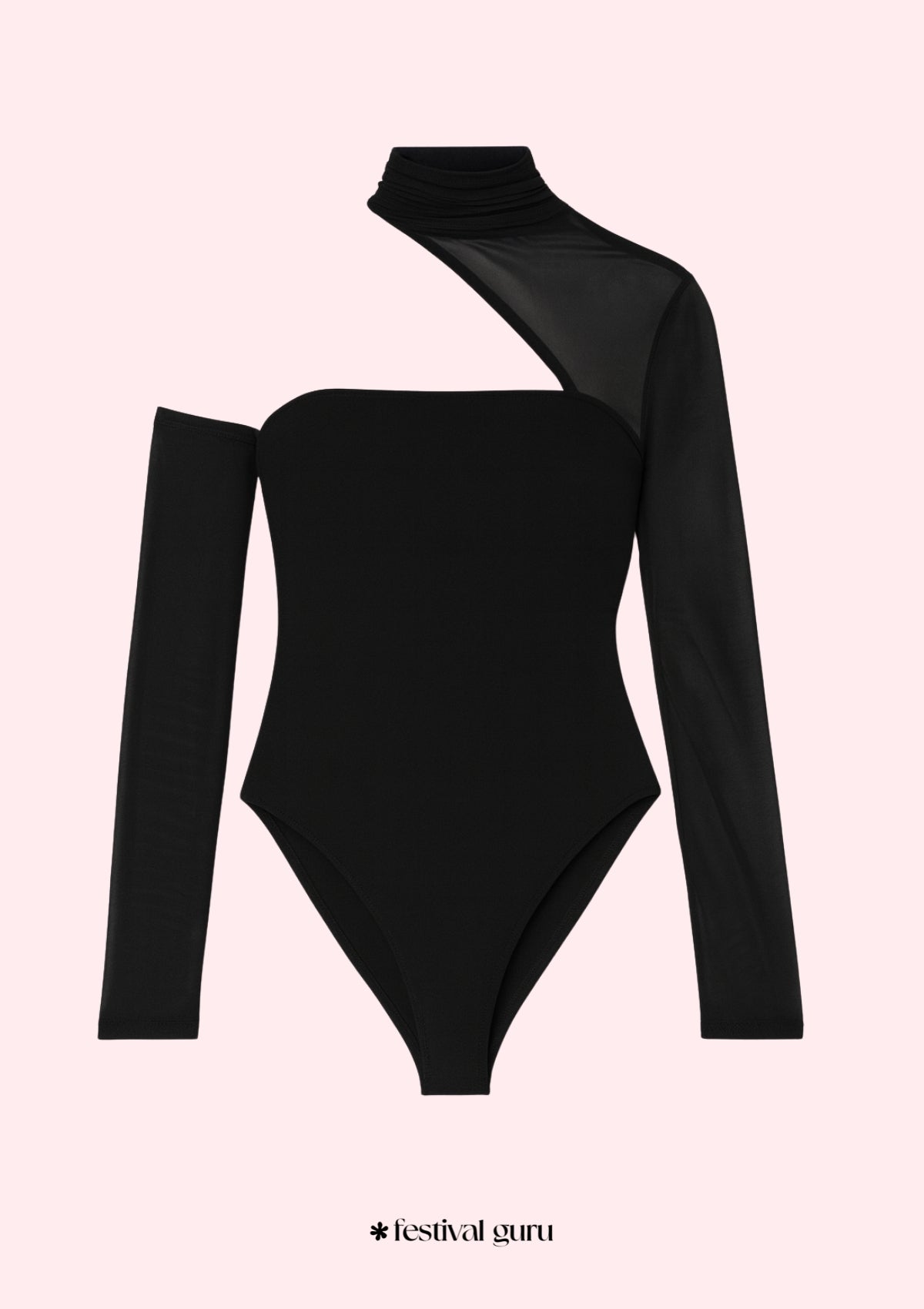 Black one-shoulder bodysuit on a light pink background with 'festival guru' branding.