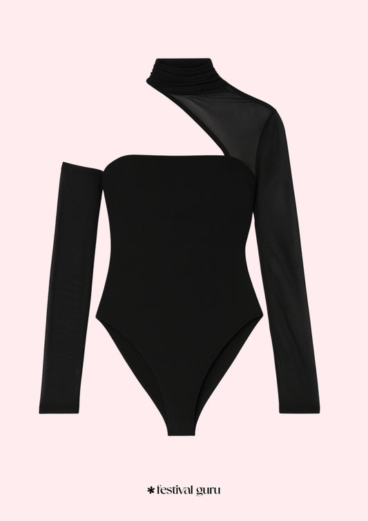 Black one-shoulder bodysuit on a light pink background with 'festival guru' branding.