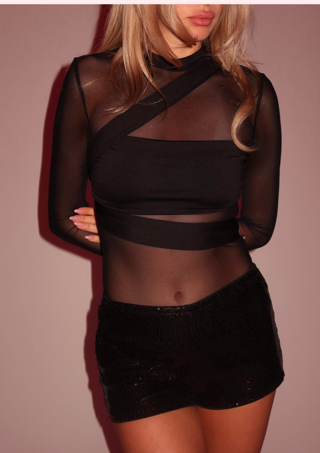 Black sheer bodysuit with long sleeves