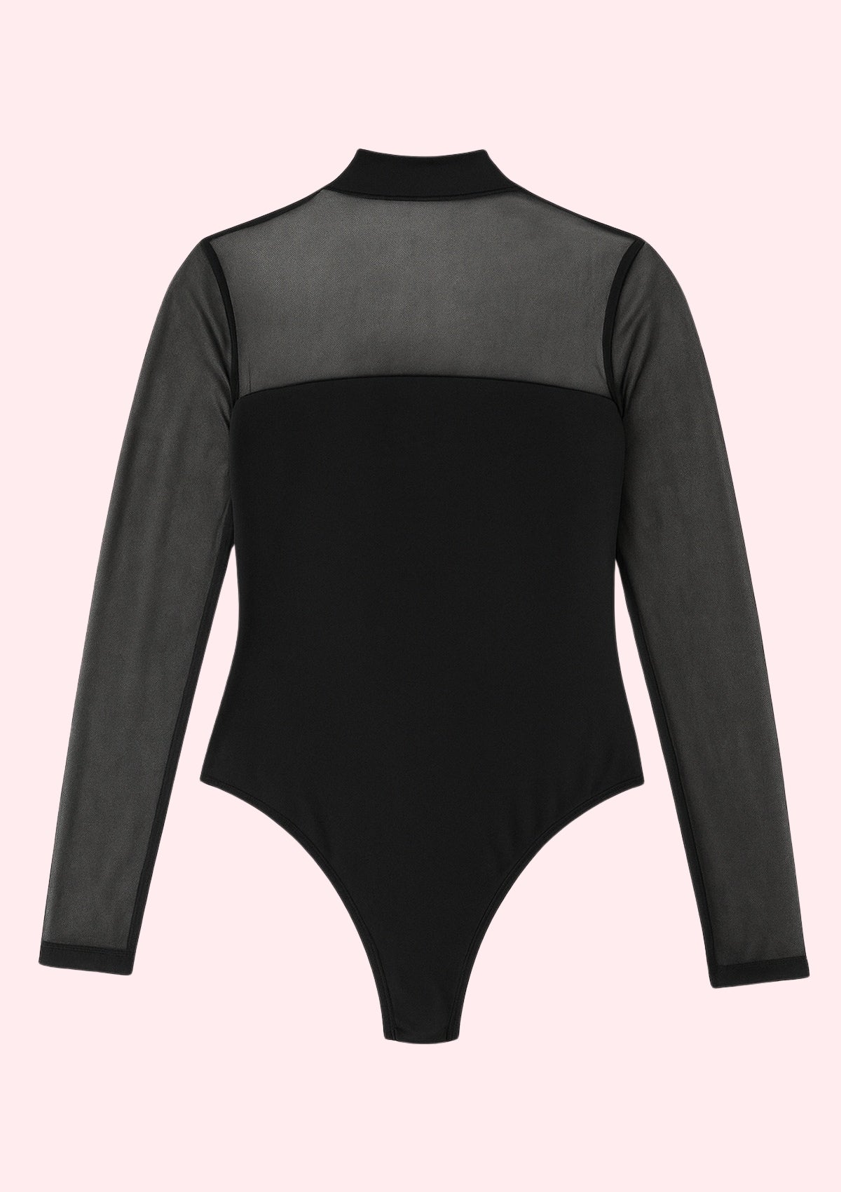 Black bodysuit with long sleeves on a light pink background